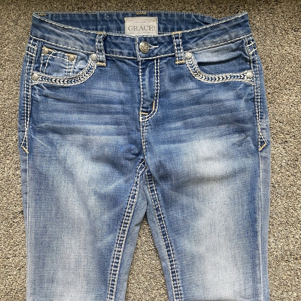 Flare Y2K Jeans Women Size 28 Blue Thick Stitch Low Rise Embroidered - Picture 13 of 13